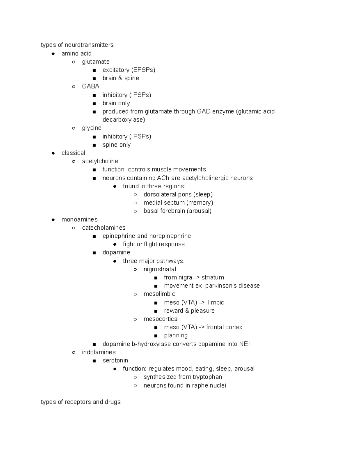 Exam 2 Condensed Notes - types of neurotransmitters: amino acid ...