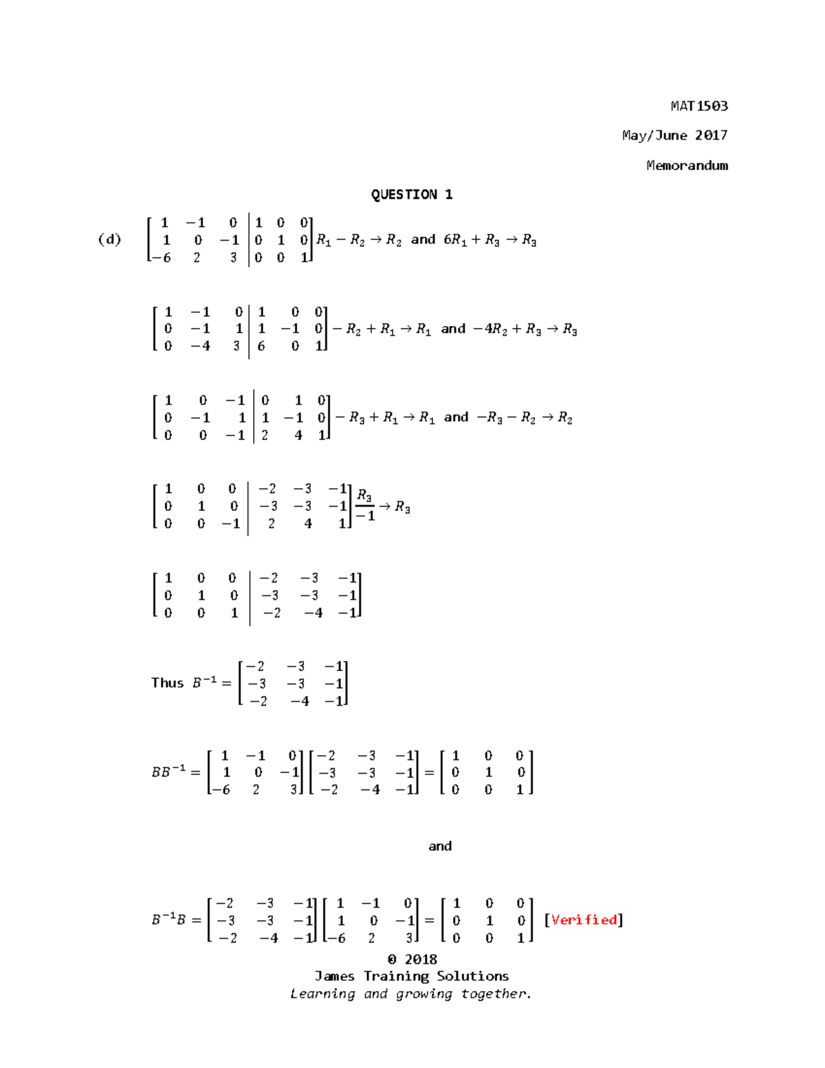 MAT1503 May June 2017 1d Memorandum - © 2018 James Training Solutions ...
