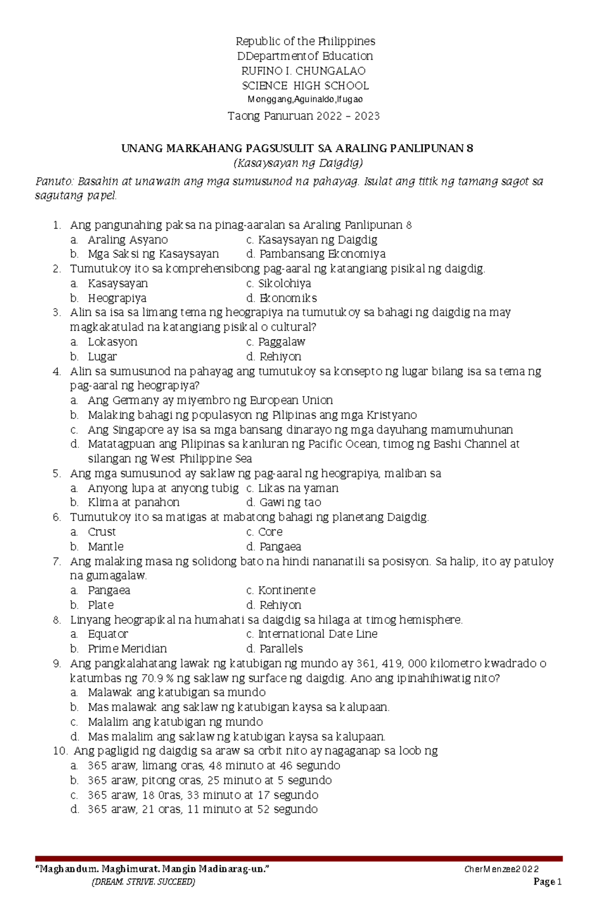 1st Q-TEST AP 8 - first quarter examination in AP - Panuto: Basahin at ...