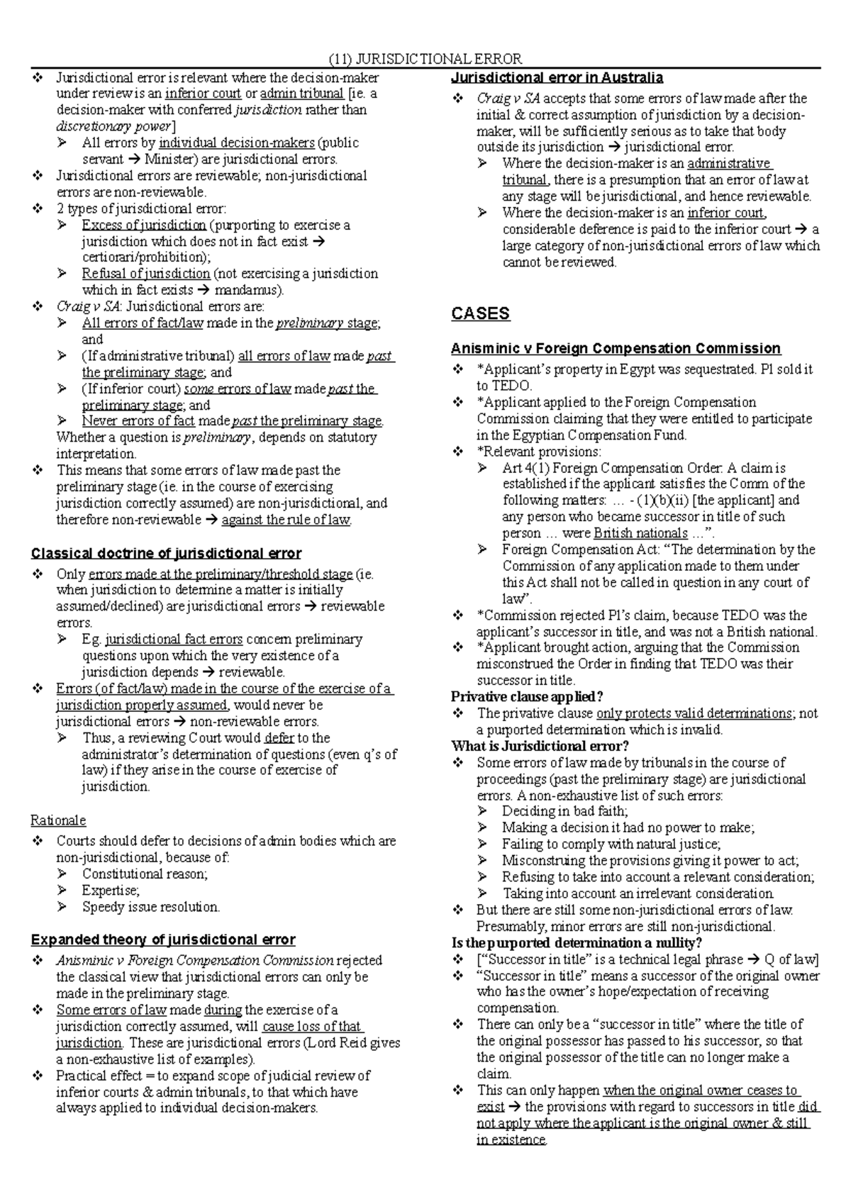 Admin 10 - Study Notes - (11) JURISDICTIONAL ERROR Jurisdictional Error ...