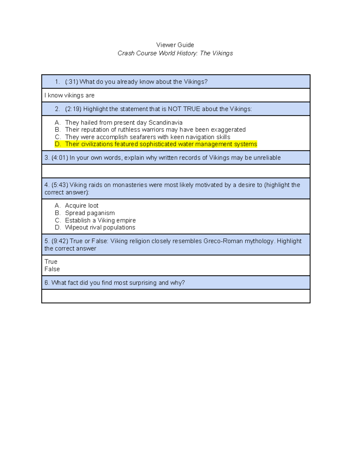 Copy of Viewer Guide CCWH Vikings Viewer Guide Crash Course World