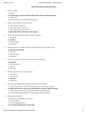 Functions of Organelles (Grade 10) - Free Printable Tests and ...