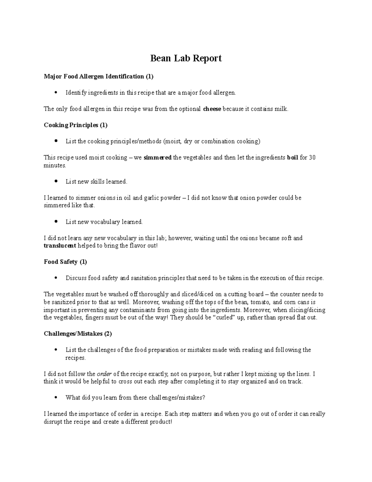 Bean Lab Report Bean Lab Report Major Food Allergen Identification (1