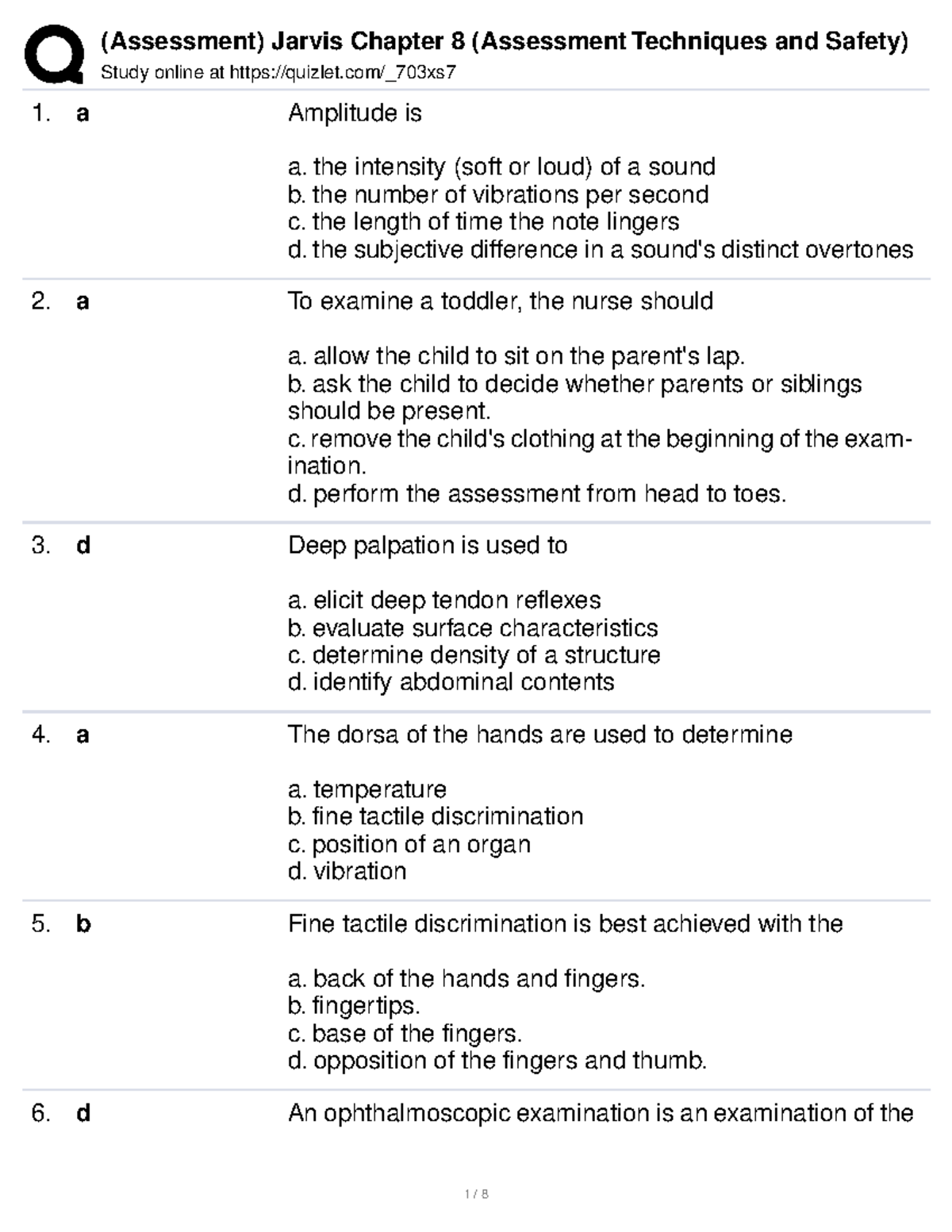 (Assessment) Jarvis Chapter 8 (Assessment Techniques and Safety) Study online at quizlet