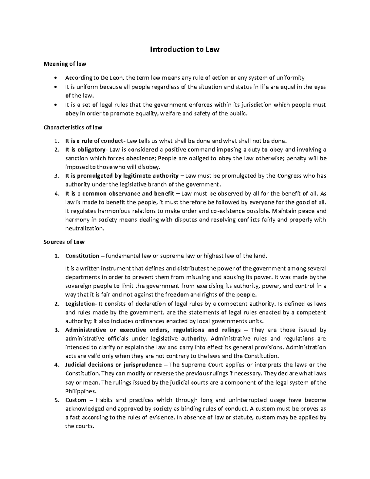 Intro to Law - Introduction to Law Meaning of law According to De Leon ...