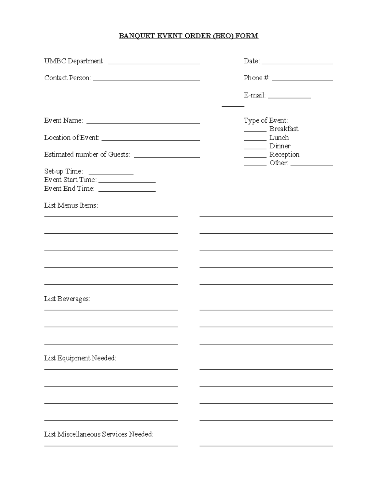 Banquet Event Order FORM - BANQUET EVENT ORDER (BEO) FORM UMBC ...