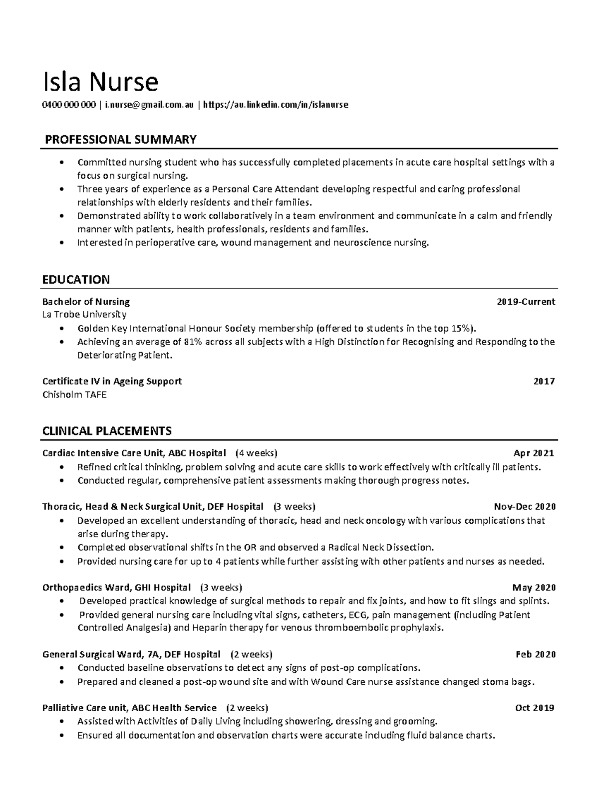 Sample nursing resume 2021 - Isla Nurse 0400 PROFESSIONAL SUMMARY ...