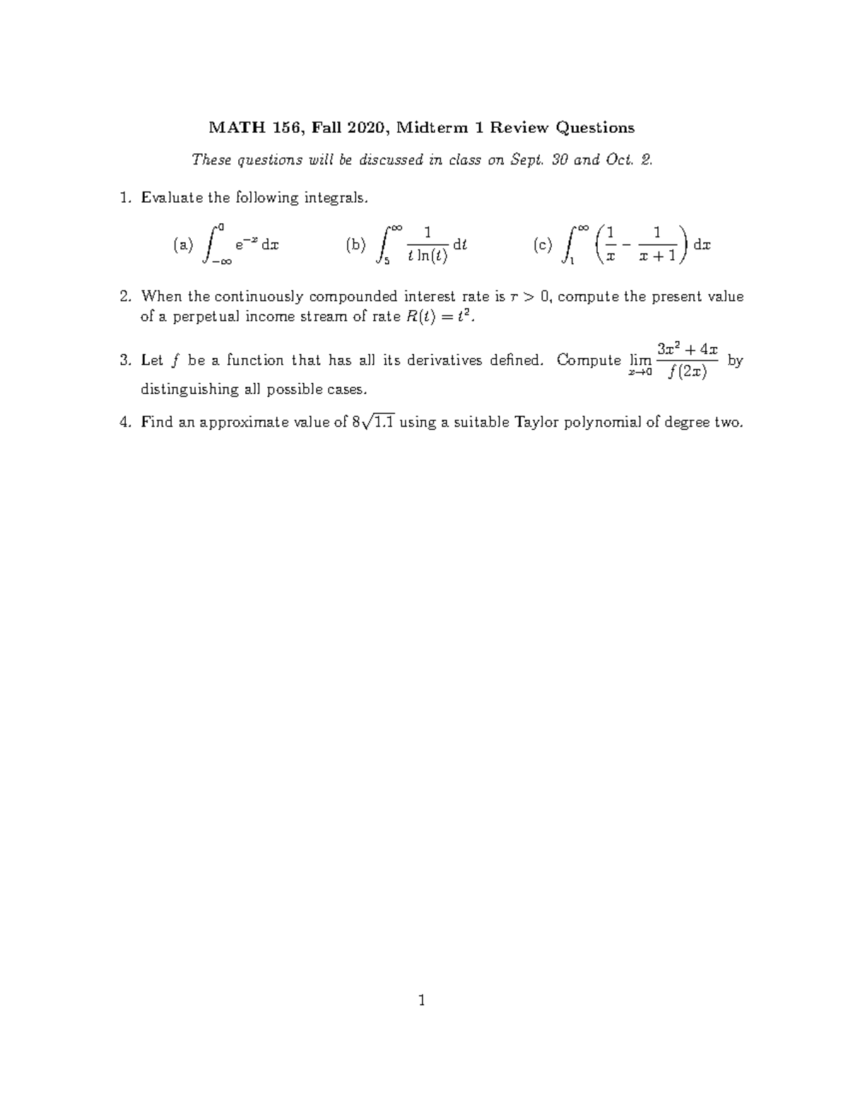 Midterm 1 Review Questions - MATH 156, Fall 2020, Midterm 1 Review ...