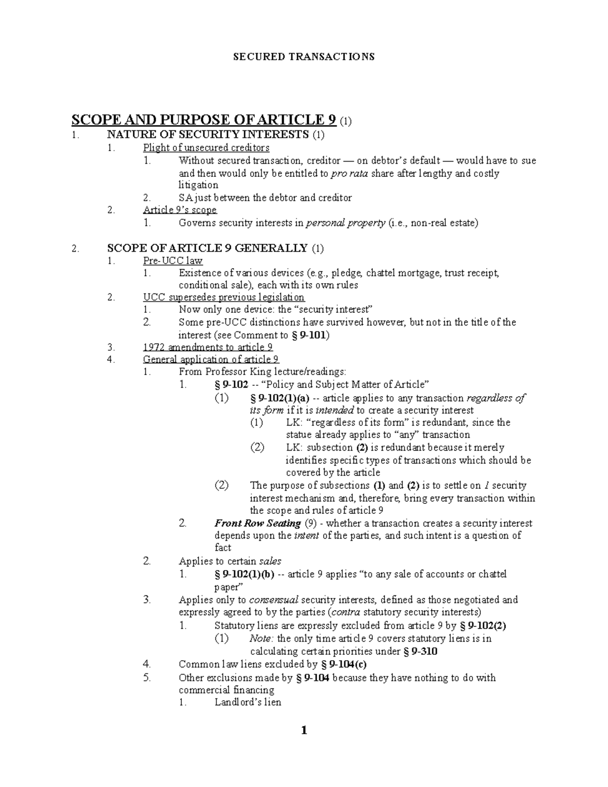 Secured Transaction Outline - SECURED TRANSACTIONS SCOPE AND PURPOSE OF ...