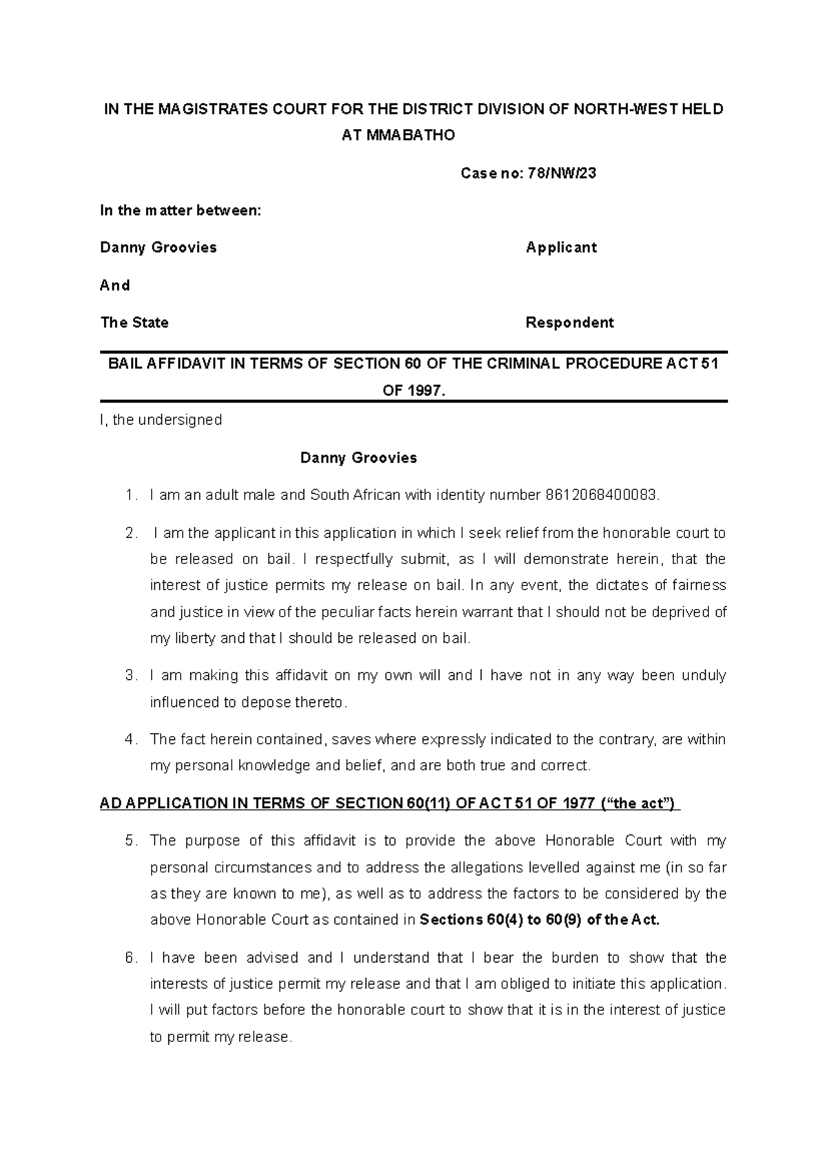 affidavit legal practice - IN THE MAGISTRATES COURT FOR THE DISTRICT ...