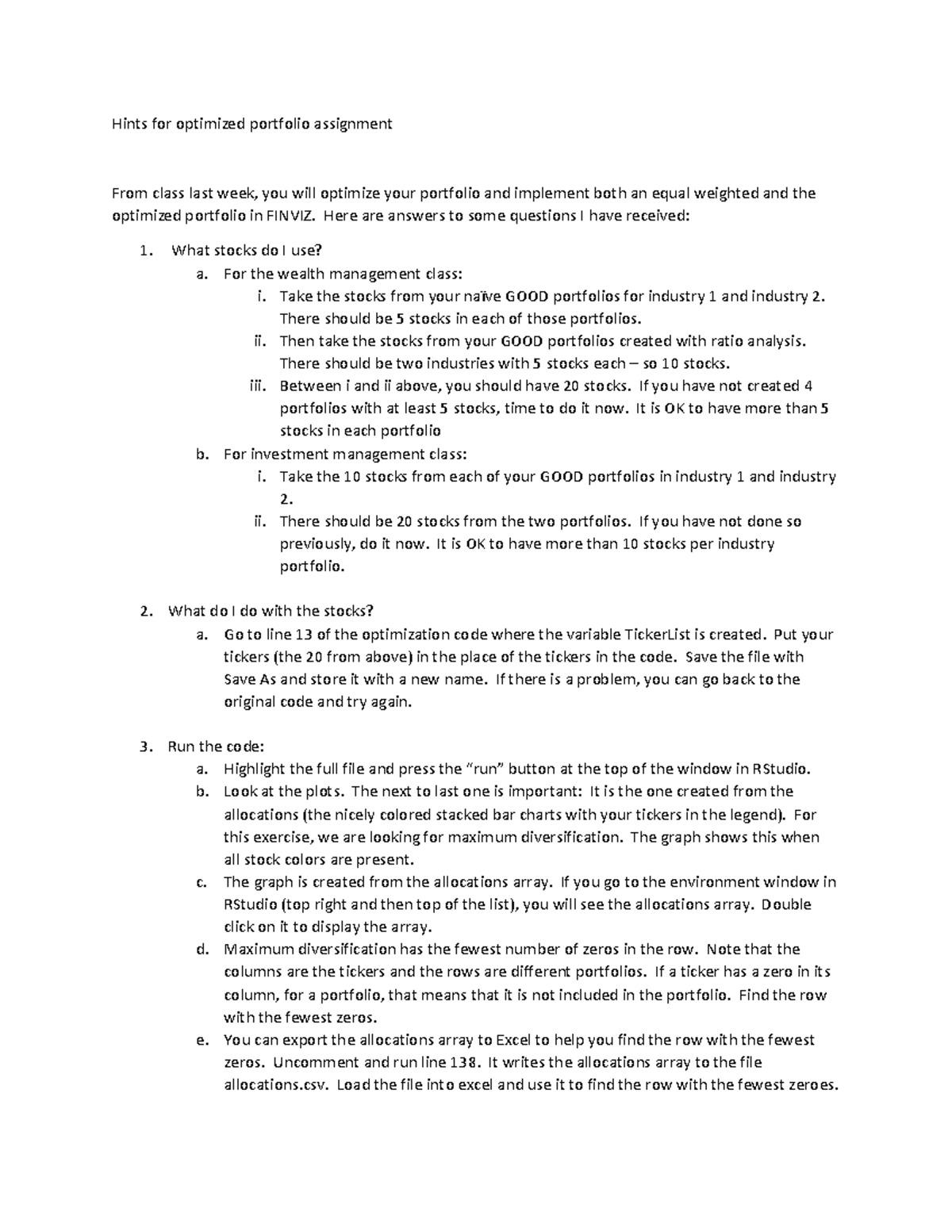 Hints For Optimized Portfolio Assignment Here Are Answers To Some