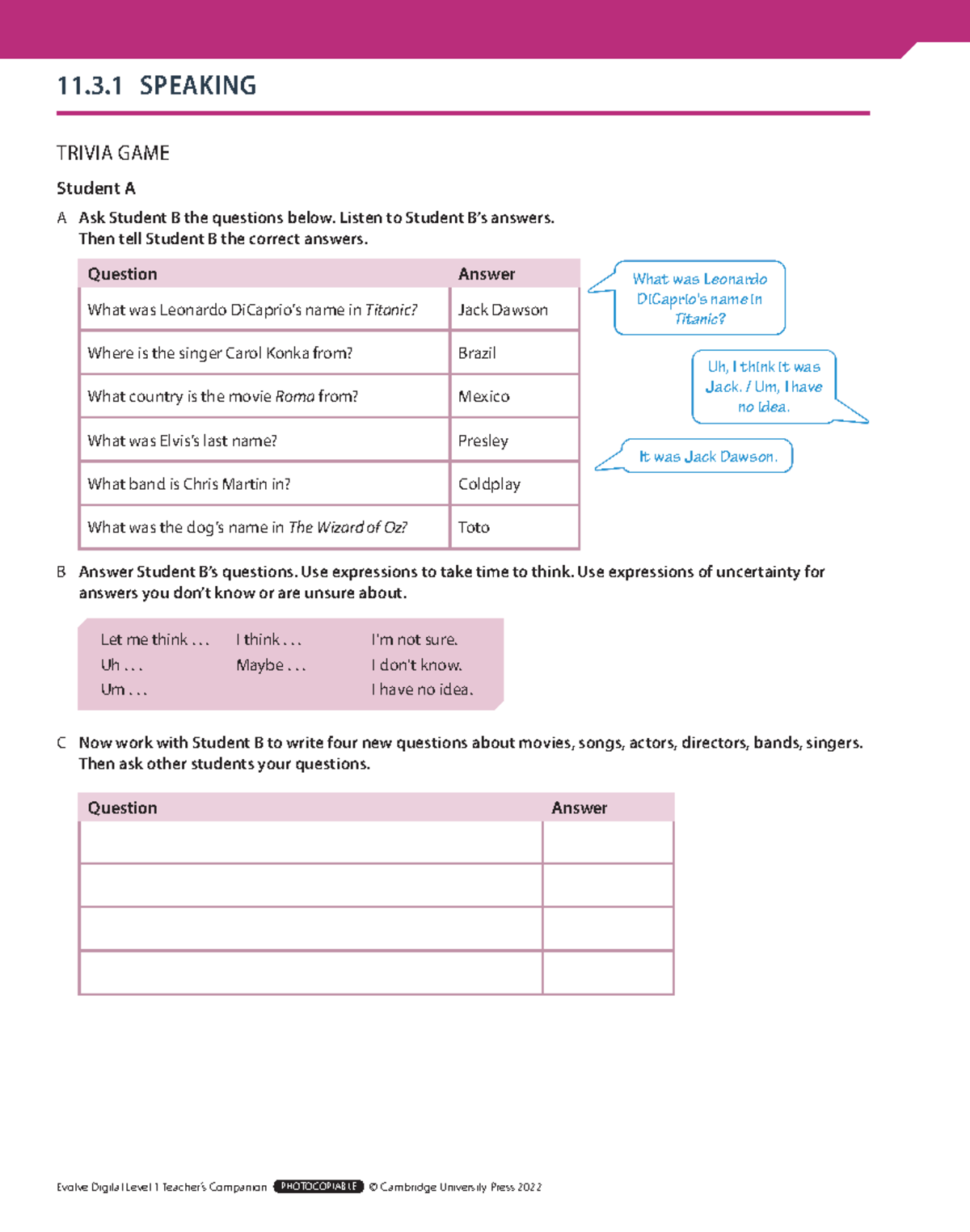 Evolve Digital Level 1 Worksheets 11.3.1 - TRIVIA GAME Student A A Ask ...
