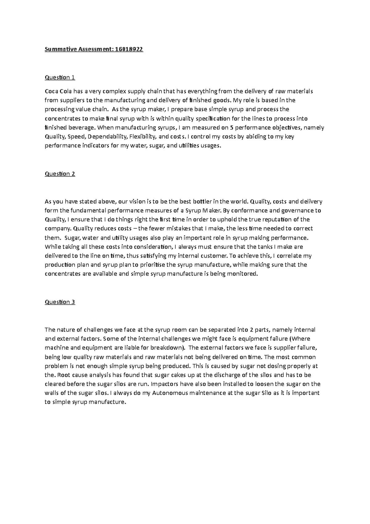 Summative Assessment - My role is based in the processing value chain ...