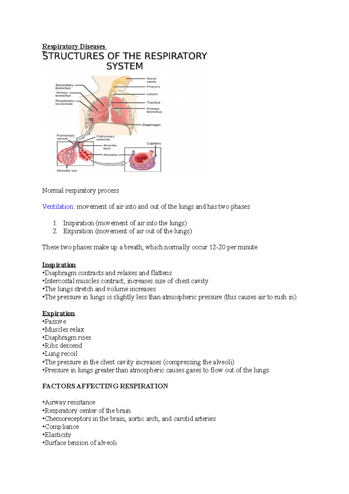 Theory 2 week 8 - Respiratory Diseases Normal respiratory process ...