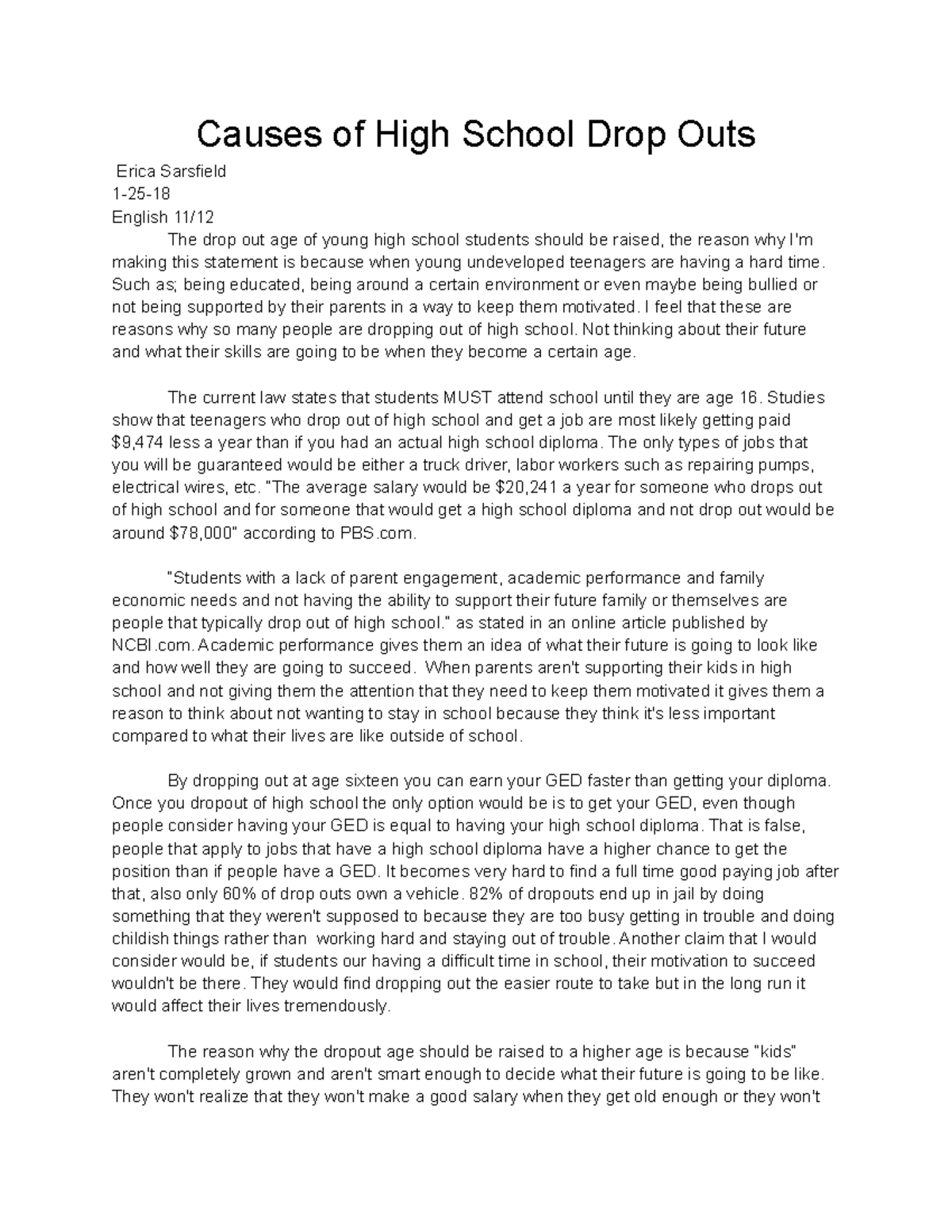 causes of high school dropouts essay