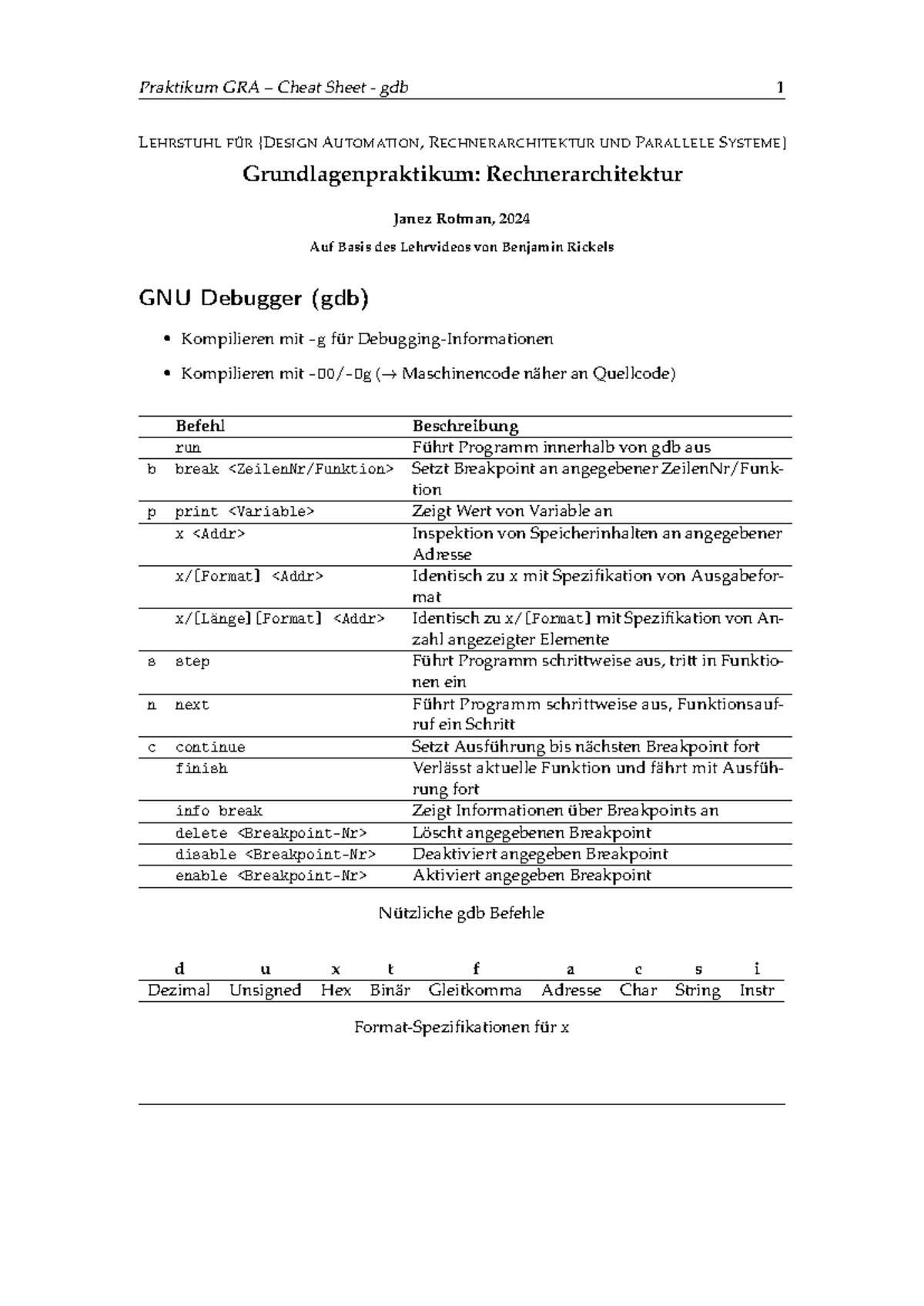 GDB CHEATSHEET GRA - Praktikum GRA – Cheat Sheet - gdb 1 LEHRSTUHL FÜR ...