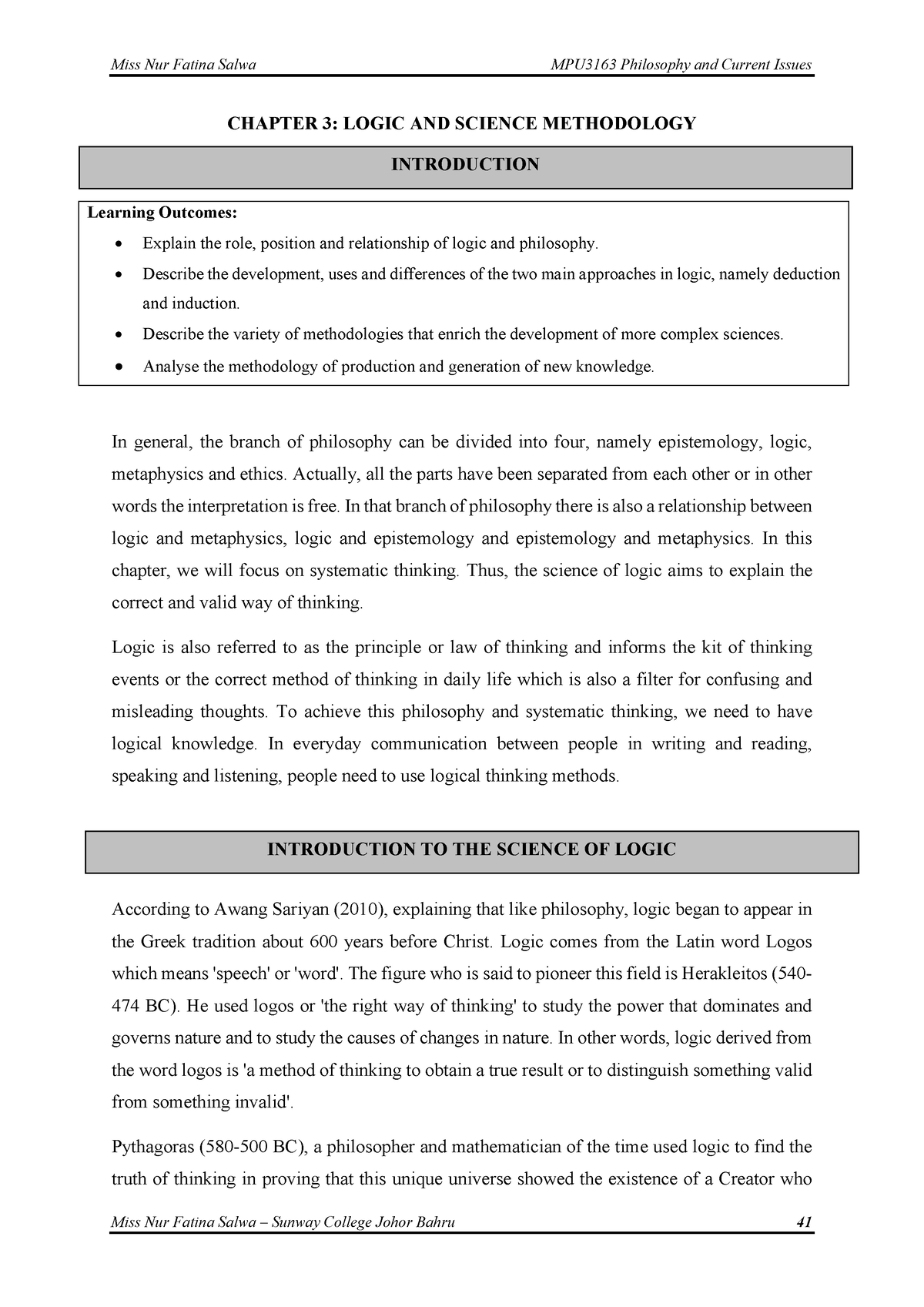 Chapter 3 - Logic AND Science Methodology - INTRODUCTION INTRODUCTION ...