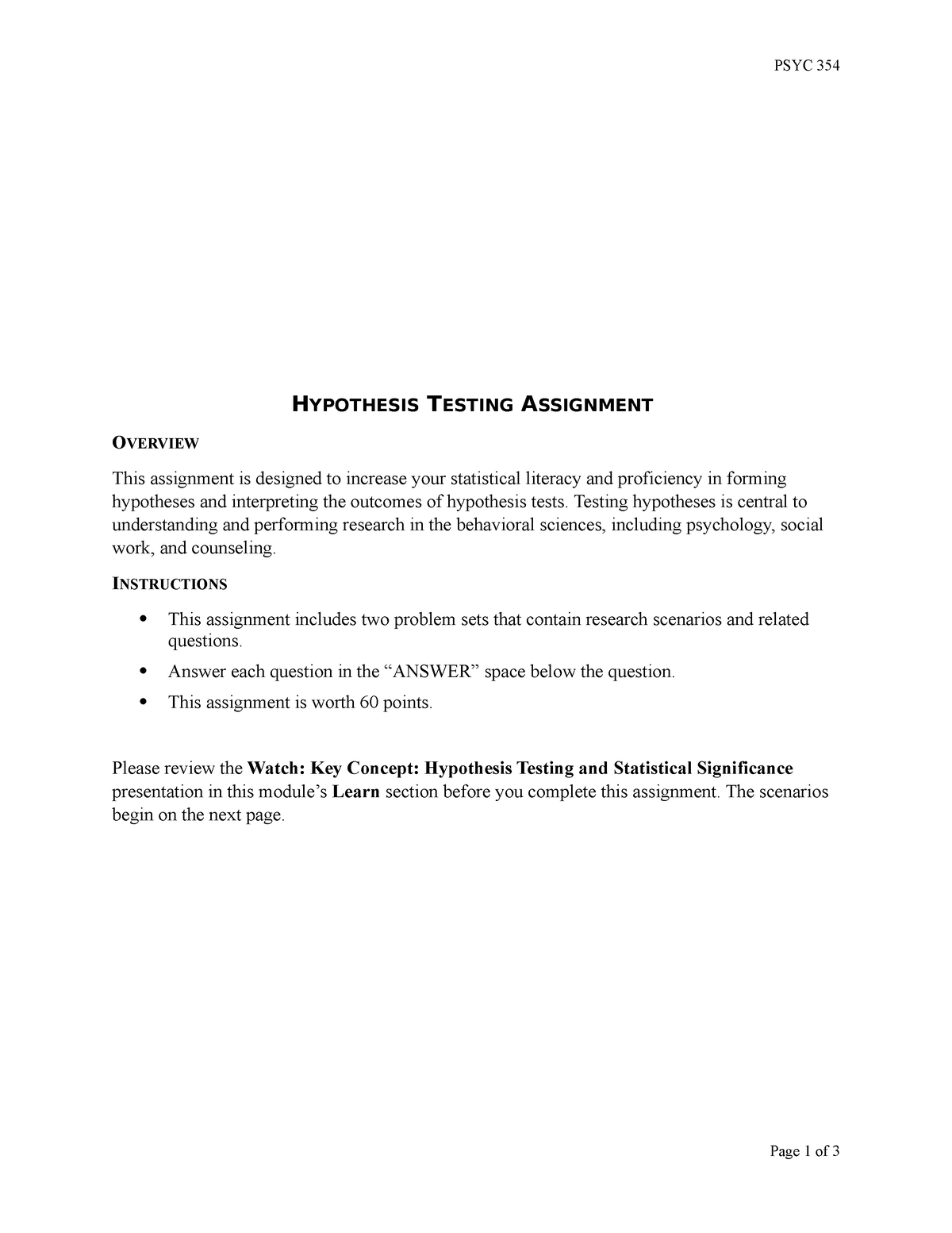 hypothesis testing assignment psyc 354