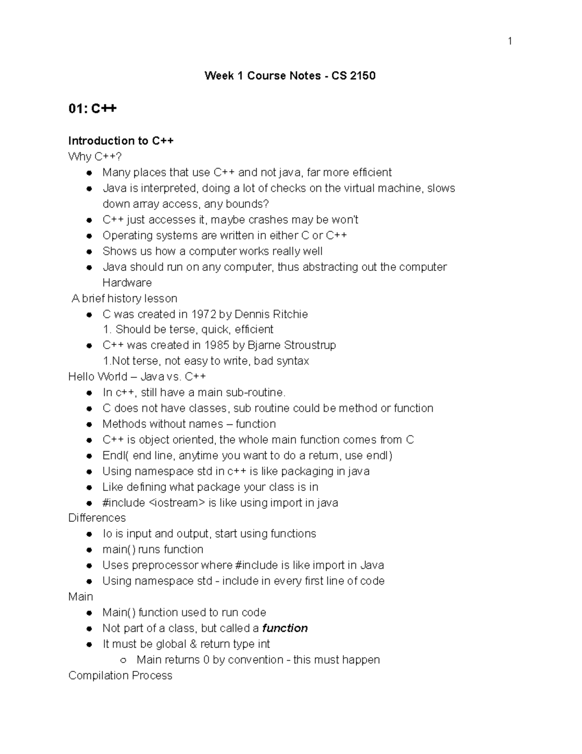 Week 1 Course Notes - Week 1 Course Notes - CS 2150 01: C++ ...