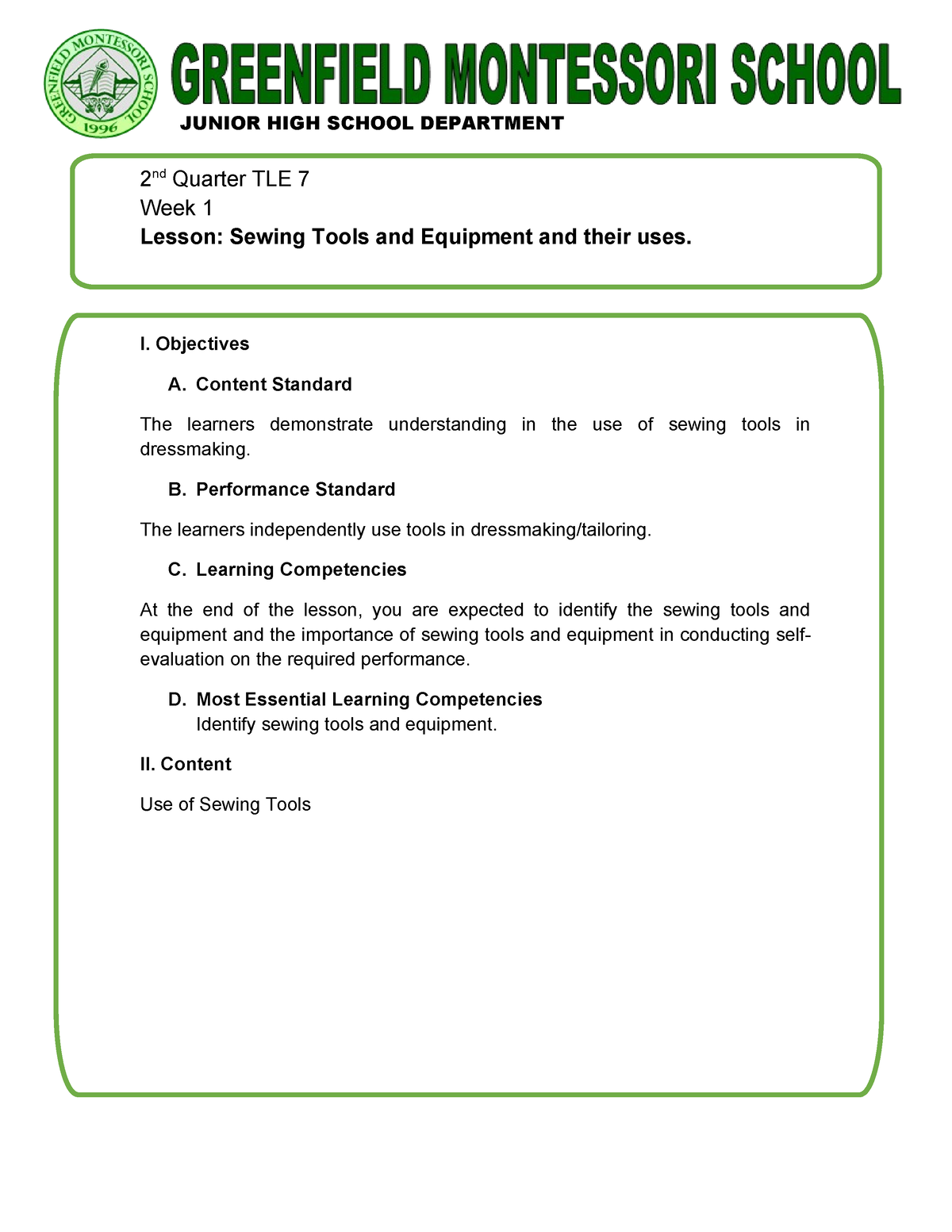 TLE 7- Lesson 7 2Q - DRESSMAKING - \ 2 Nd Quarter TLE 7 Week 1 Lesson ...