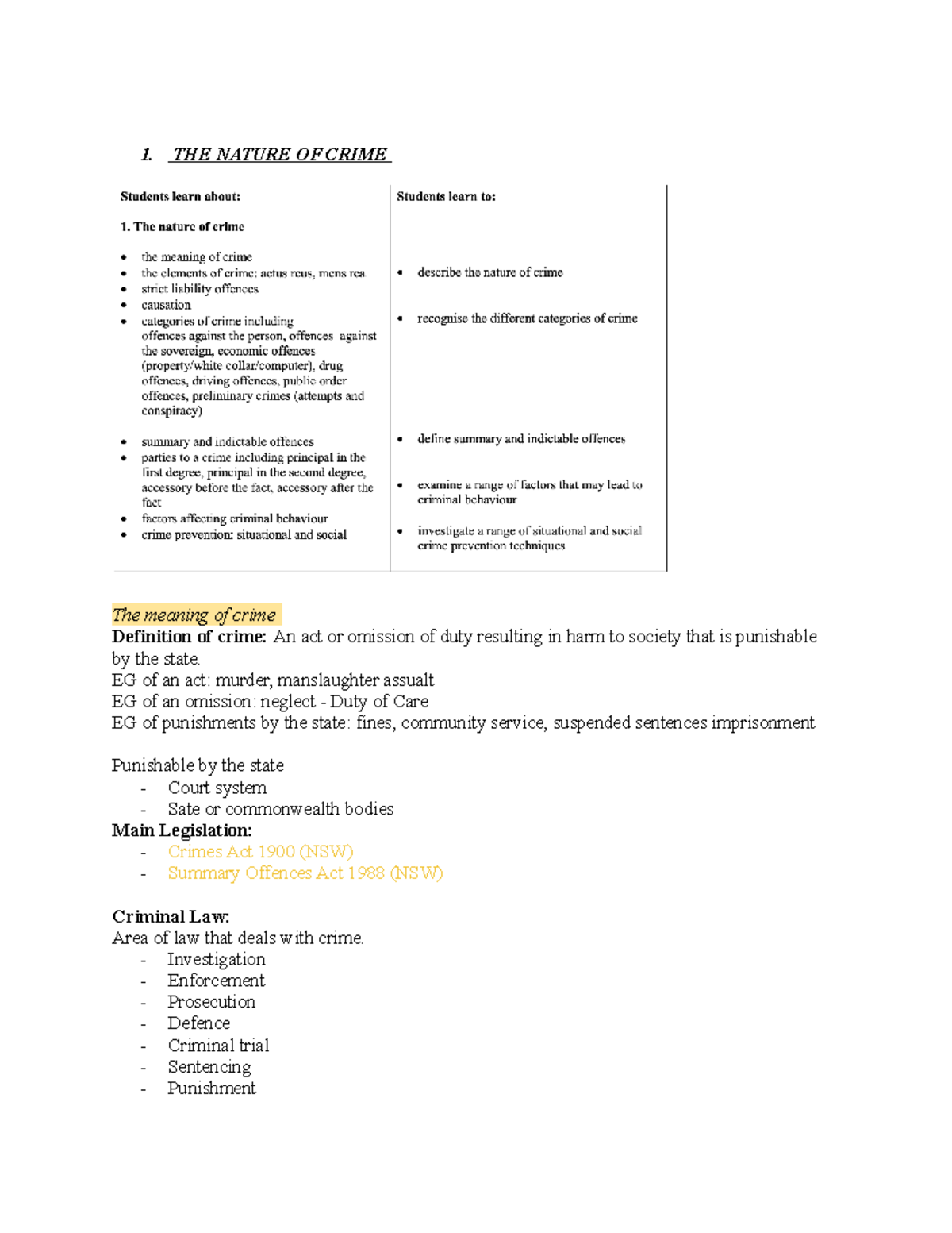 Legal Crime Notes - 1. THE NATURE OF CRIME The meaning of crime ...