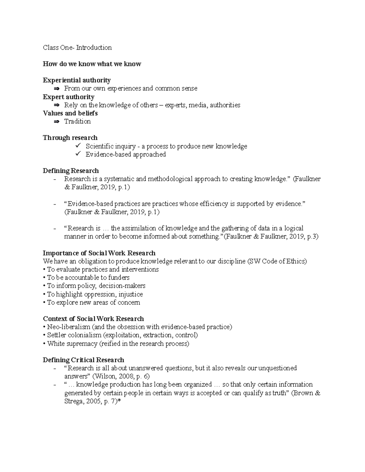 Quiz 1-SWP538 - Quiz Review - Class One- Introduction How do we know ...