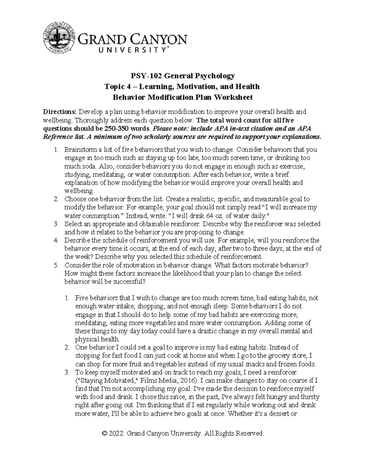 PSY 102 RS T4 Behavior Modification Plan - PSY-102 General Psychology ...