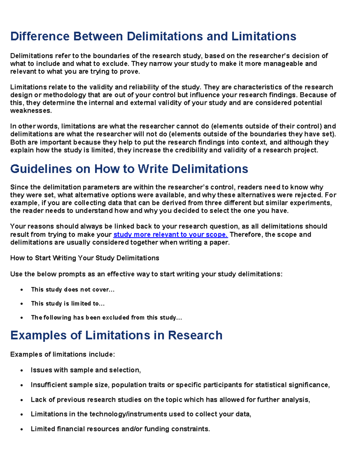 define limitations and delimitations in research