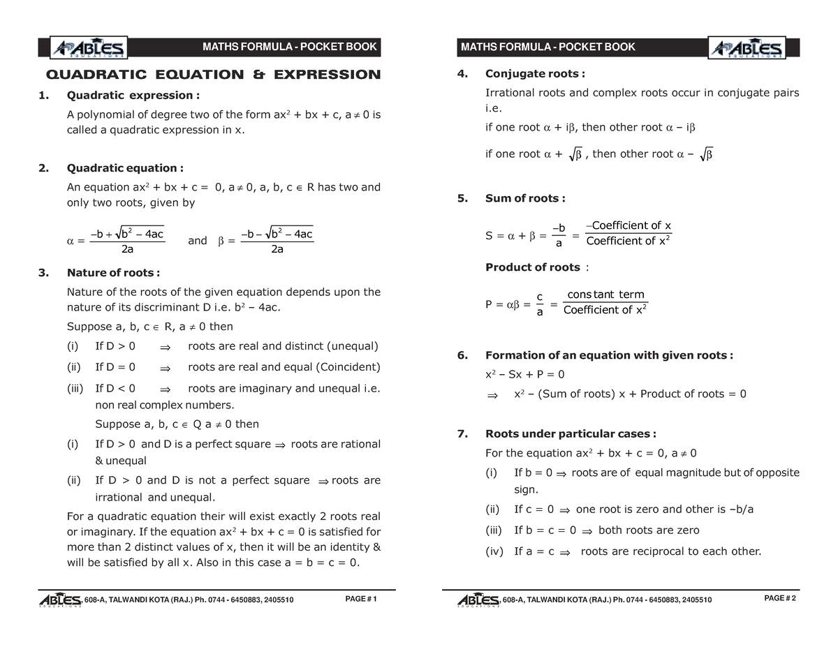 Maths Formula Pocket BOOK Maths Formula - QUADRATIC EQUATION ...