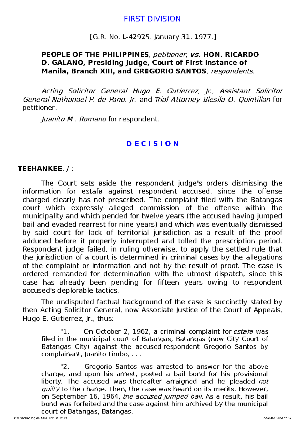 People V. Galano - Case Digest - FIRST DIVISION [G. No. L-42925 ...