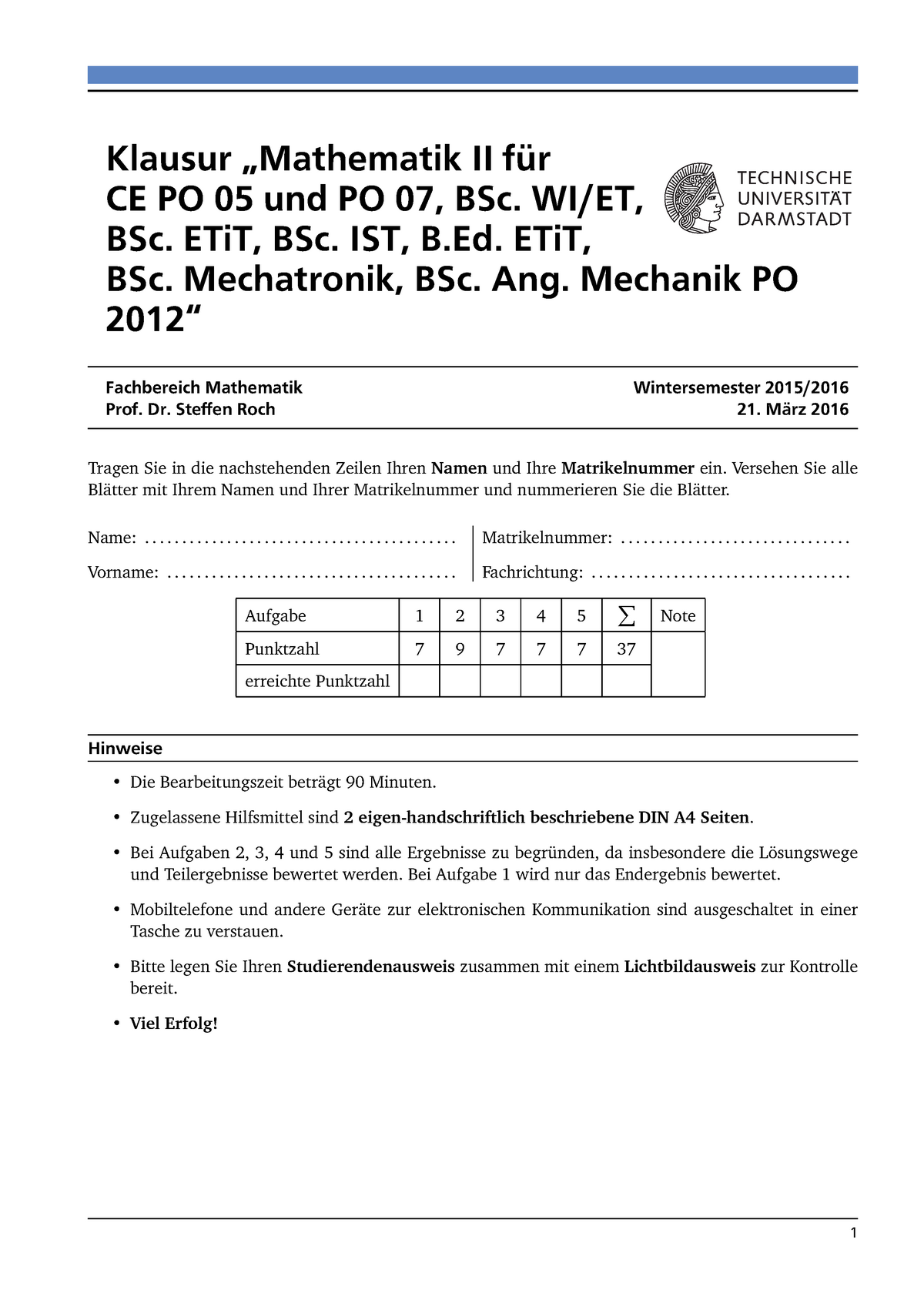 Mathe 2 Wi Se1516 Roch - Verkehr I - TU Darmstadt - StuDocu