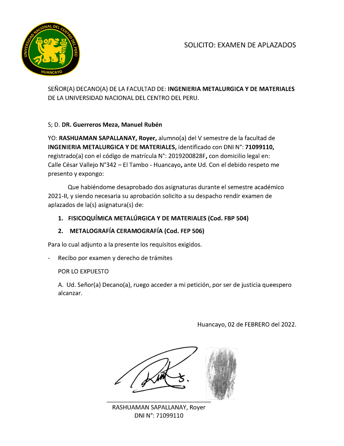 Solicitud De Examen Aplazados Solicito Examen De Aplazados Se—ora Decanoa De La Facultad 3231