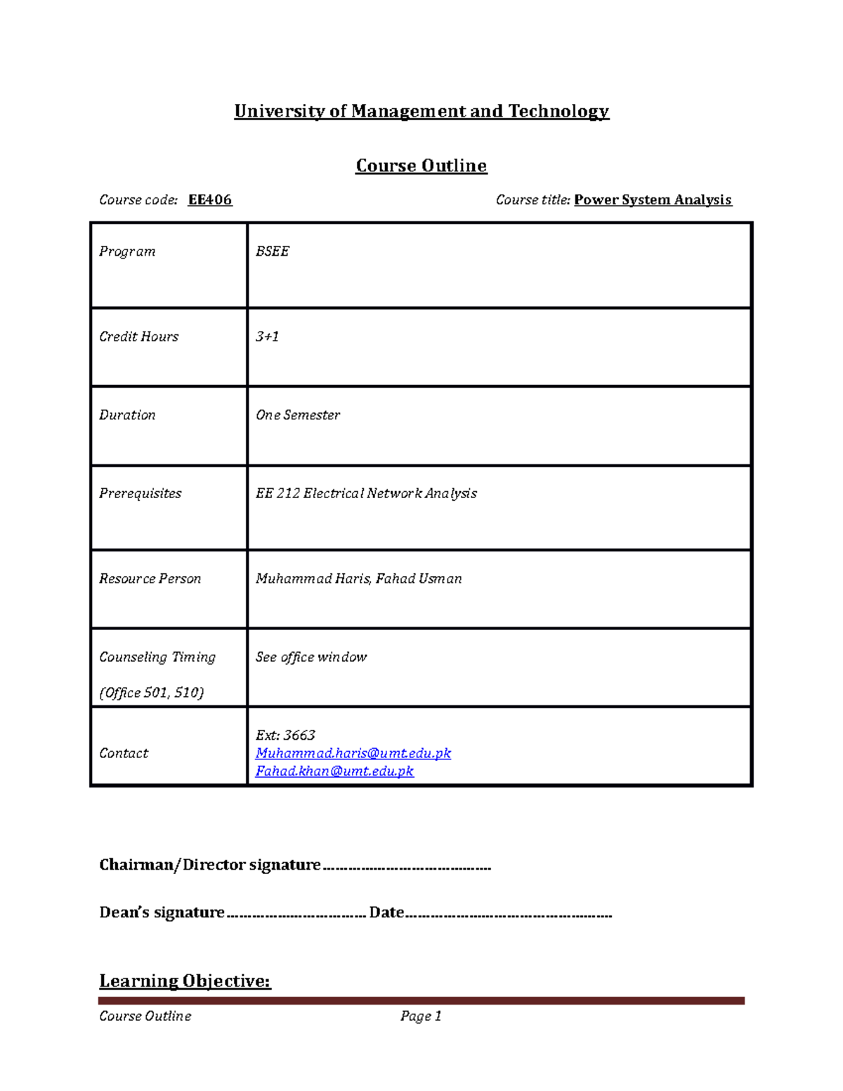 PSA Outline - lecture notes - University of Management and Technology ...