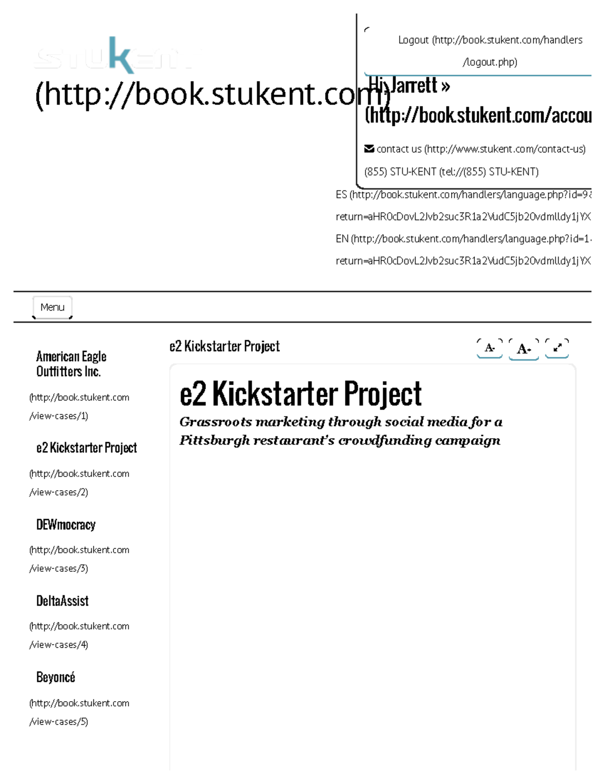 Social Media Case Studies e2 Kickstarter (book.stukent) Menu American