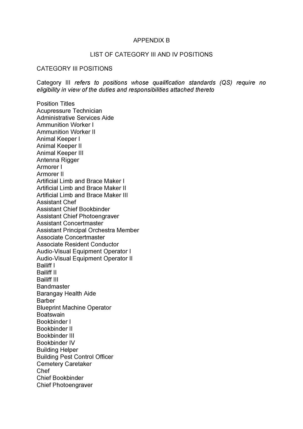 Appendix B Category III and IV Positions - APPENDIX B LIST OF CATEGORY ...