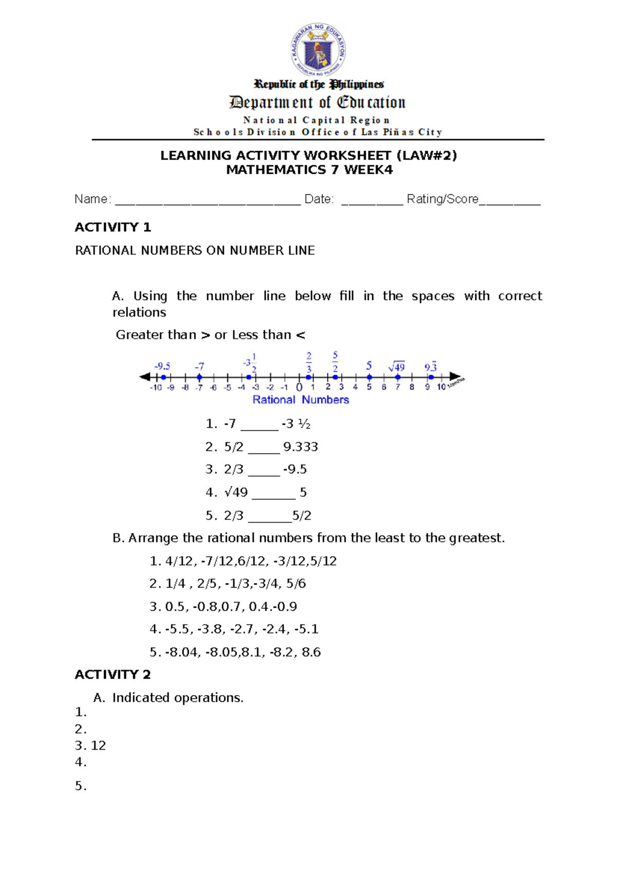 Q1 Week 4 - Math - LEARNING ACTIVITY WORKSHEET (LAW#2) MATHEMATICS 7 ...