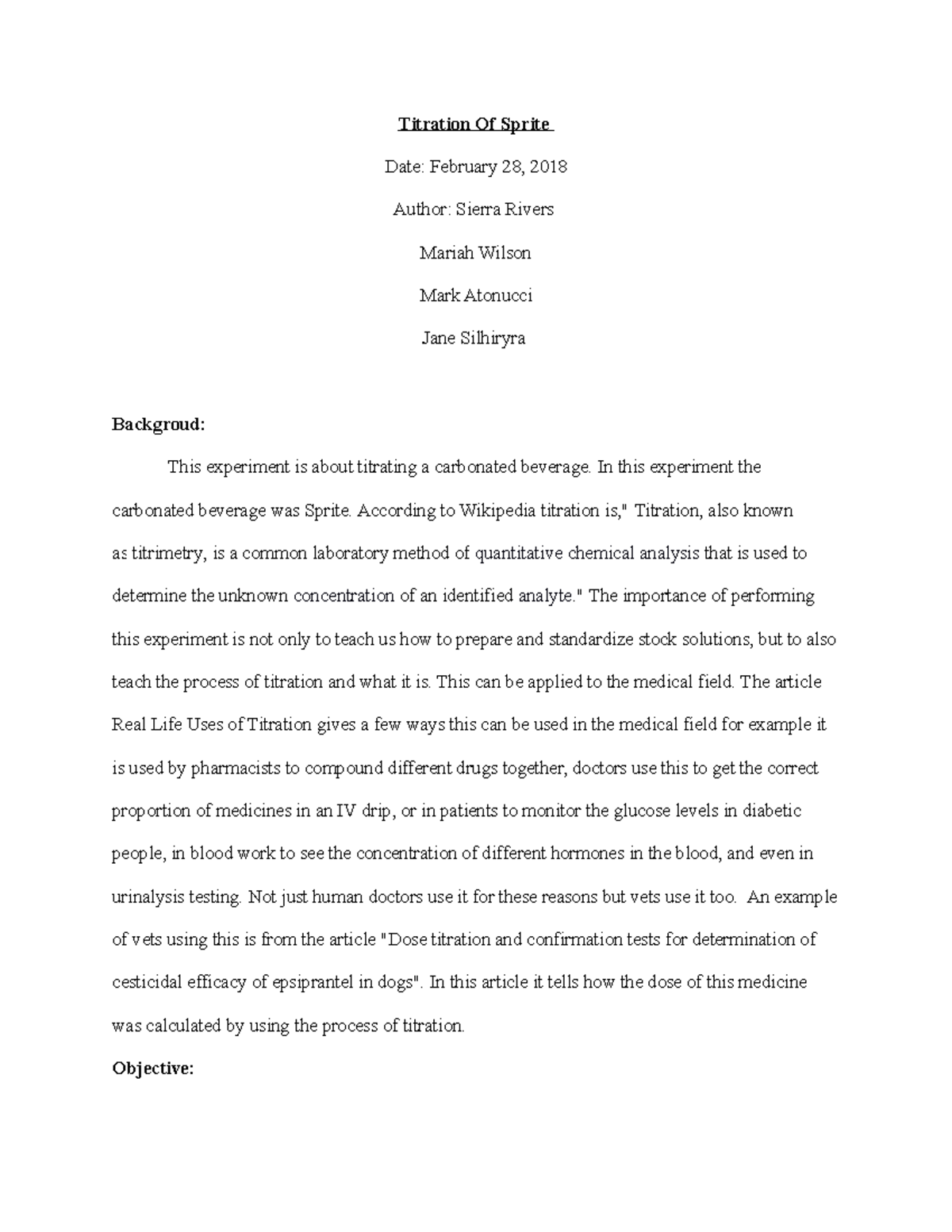 Titration Of Sprite lab report Titration Of Sprite Date February 28