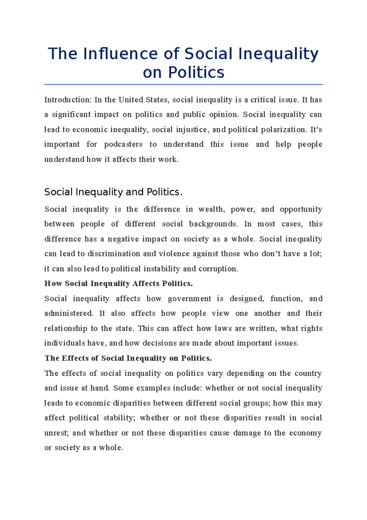 The Influence of Social Inequality on Politics - The Influence of ...