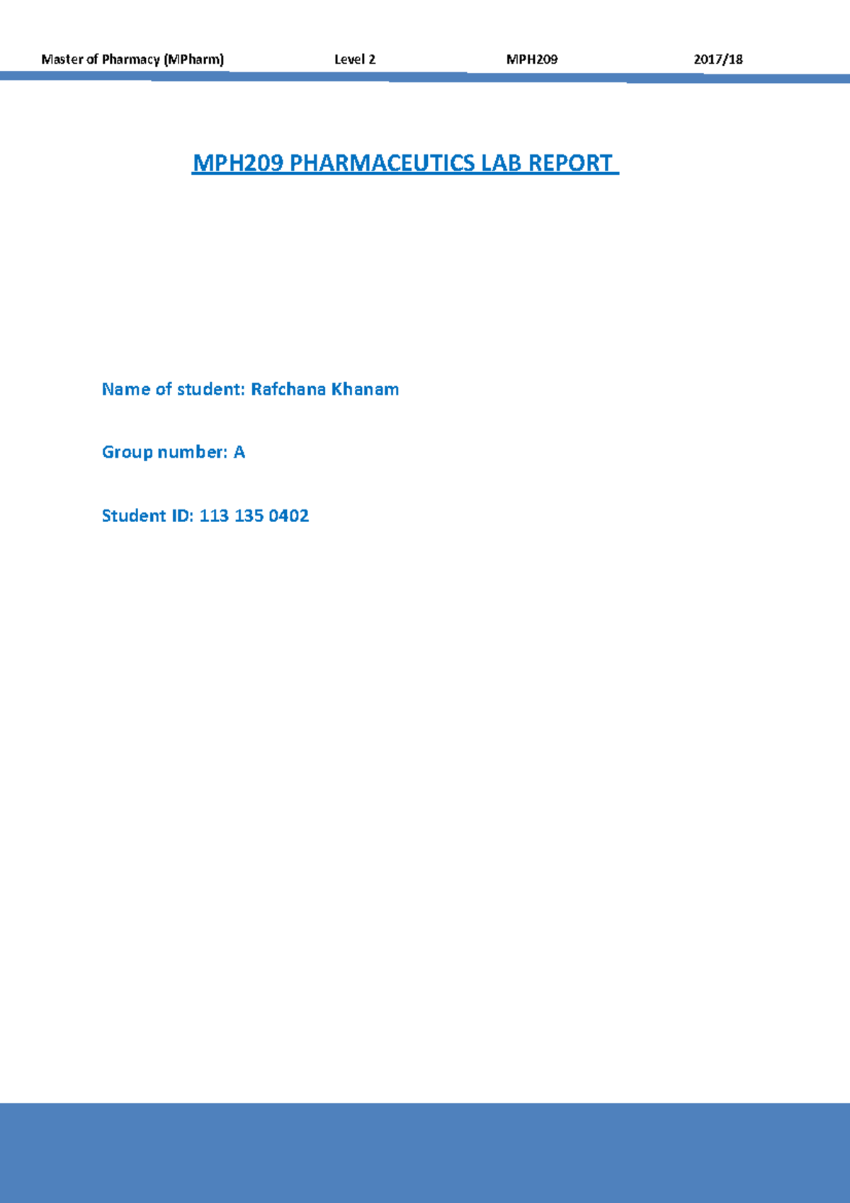 209 Pharm Report Master of Pharmacy (MPharm) Level 2 MPH209 MPH209