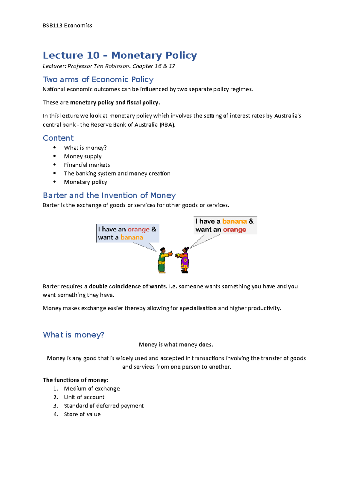 Week/Lecture 10 - Lecture 10 – Monetary Policy Lecturer: Professor Tim ...
