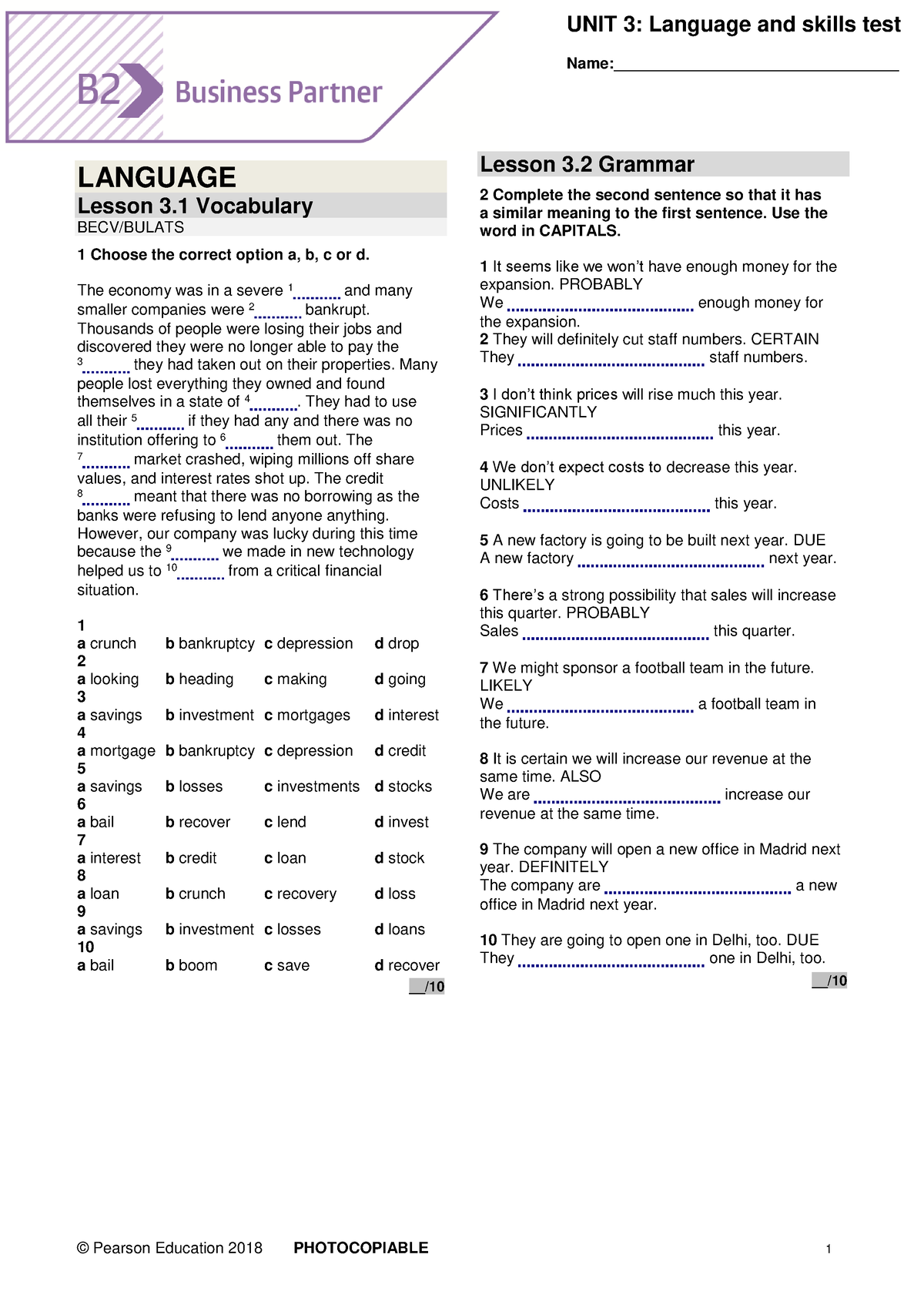 BP B2 Tests Unit3 - Name:_________________________________ LANGUAGE ...