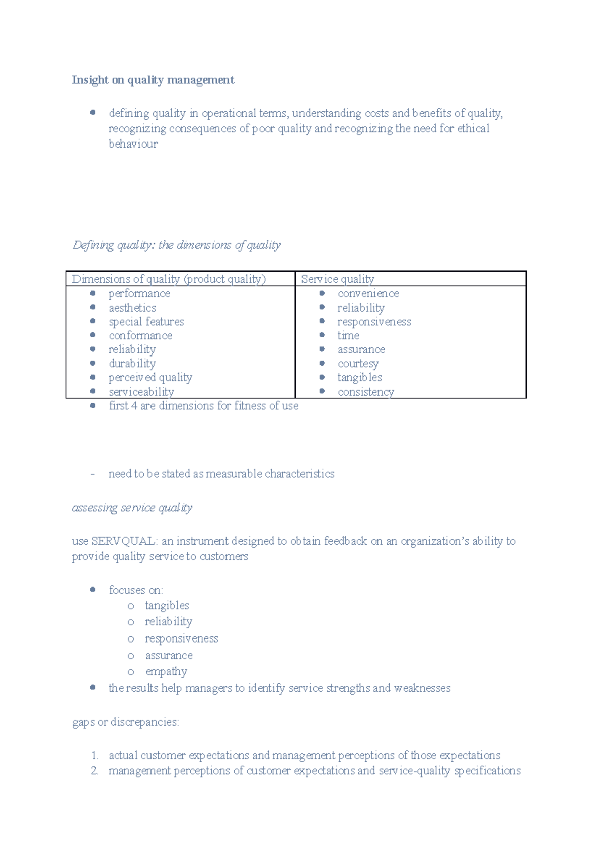 Insight on quality management - actual customer expectations and ...