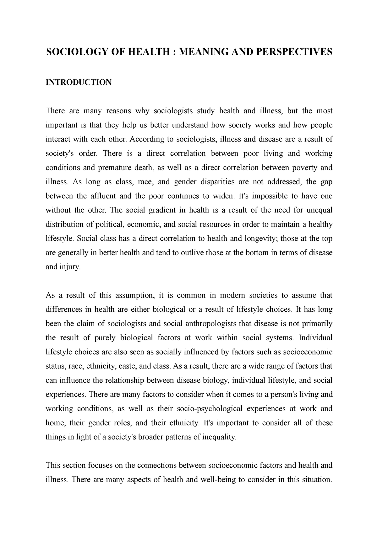 essay on health in sociology