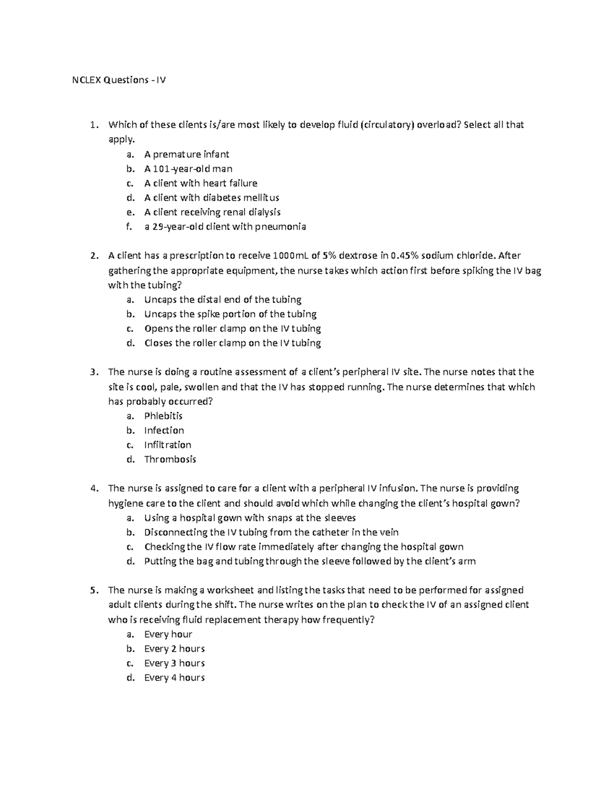 Nclex IV Questions - Med Surg - NCLEX Questions - IV Which of these ...