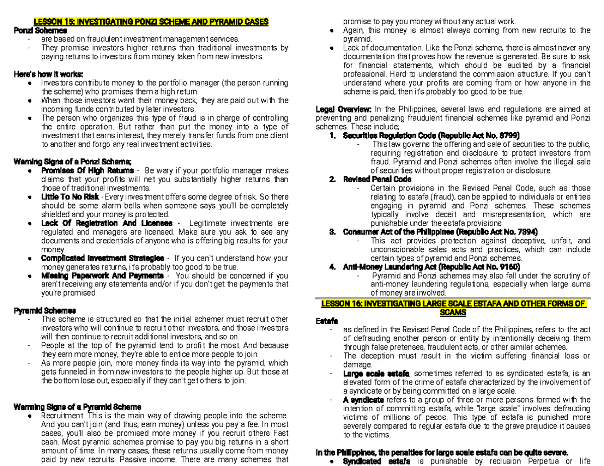 CRI 176 P3 - Additional notes - LESSON 15: INVESTIGATING PONZI SCHEME ...