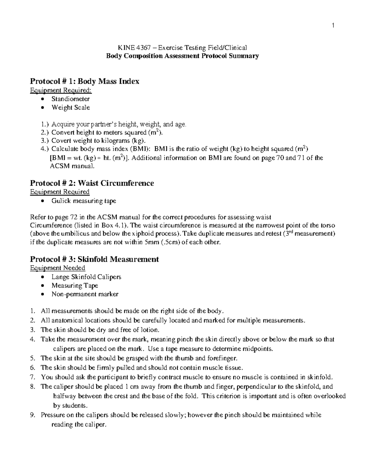 Body Composition Protocol Summary - KINE 4367 – Exercise Testing Field ...