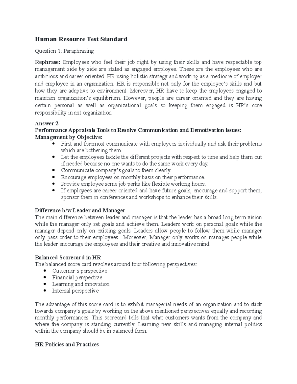 Human Resource Test Standard Human Resource Test Standard Question 1