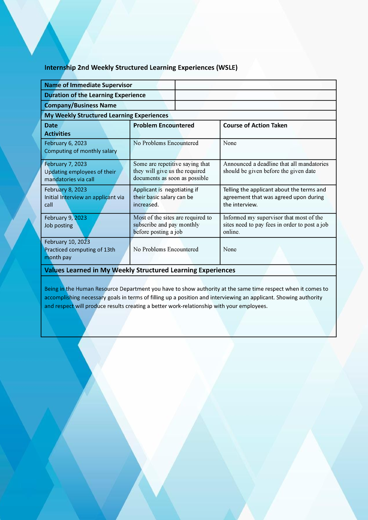 2nd Weekly Structured Learning Experiences - Telling The Applicant ...