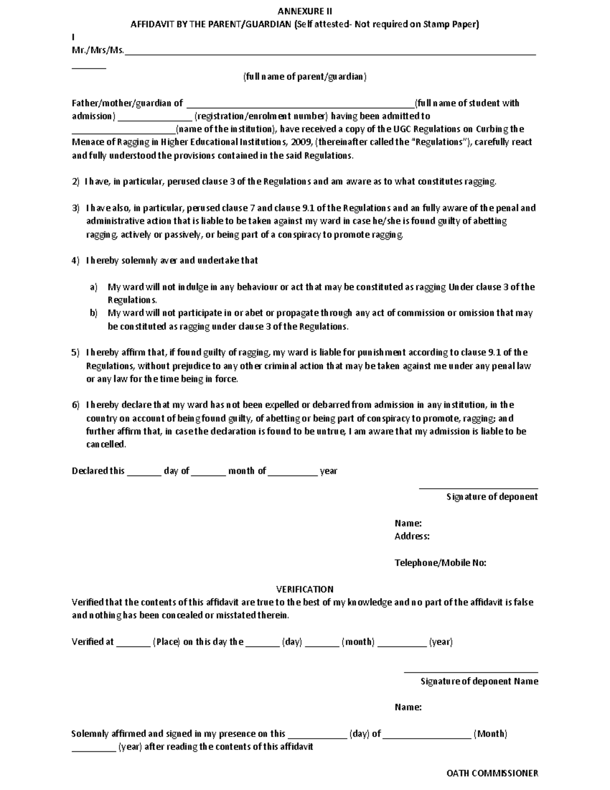 Annexure II- Affidavit BY THE Parentguardian - ANNEXURE II AFFIDAVIT BY ...