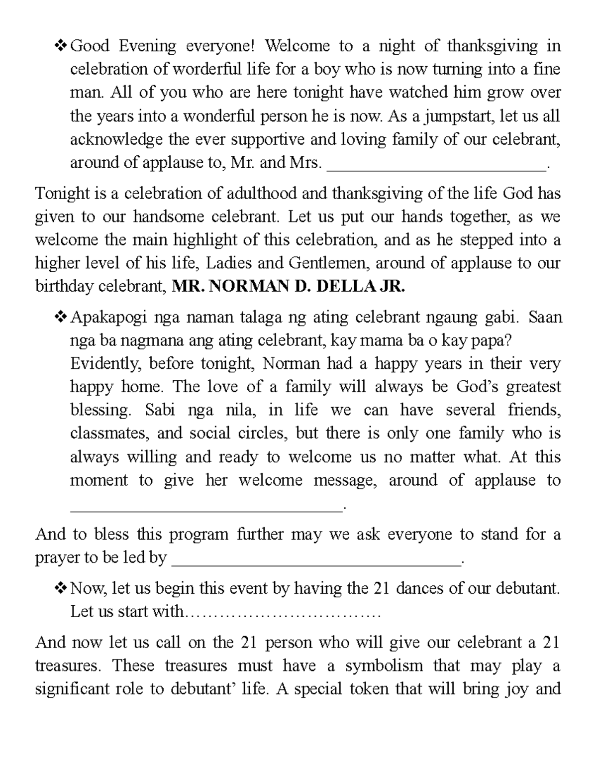 Ygho-21st Norman Birthday Script - Good Evening everyone! Welcome to a ...